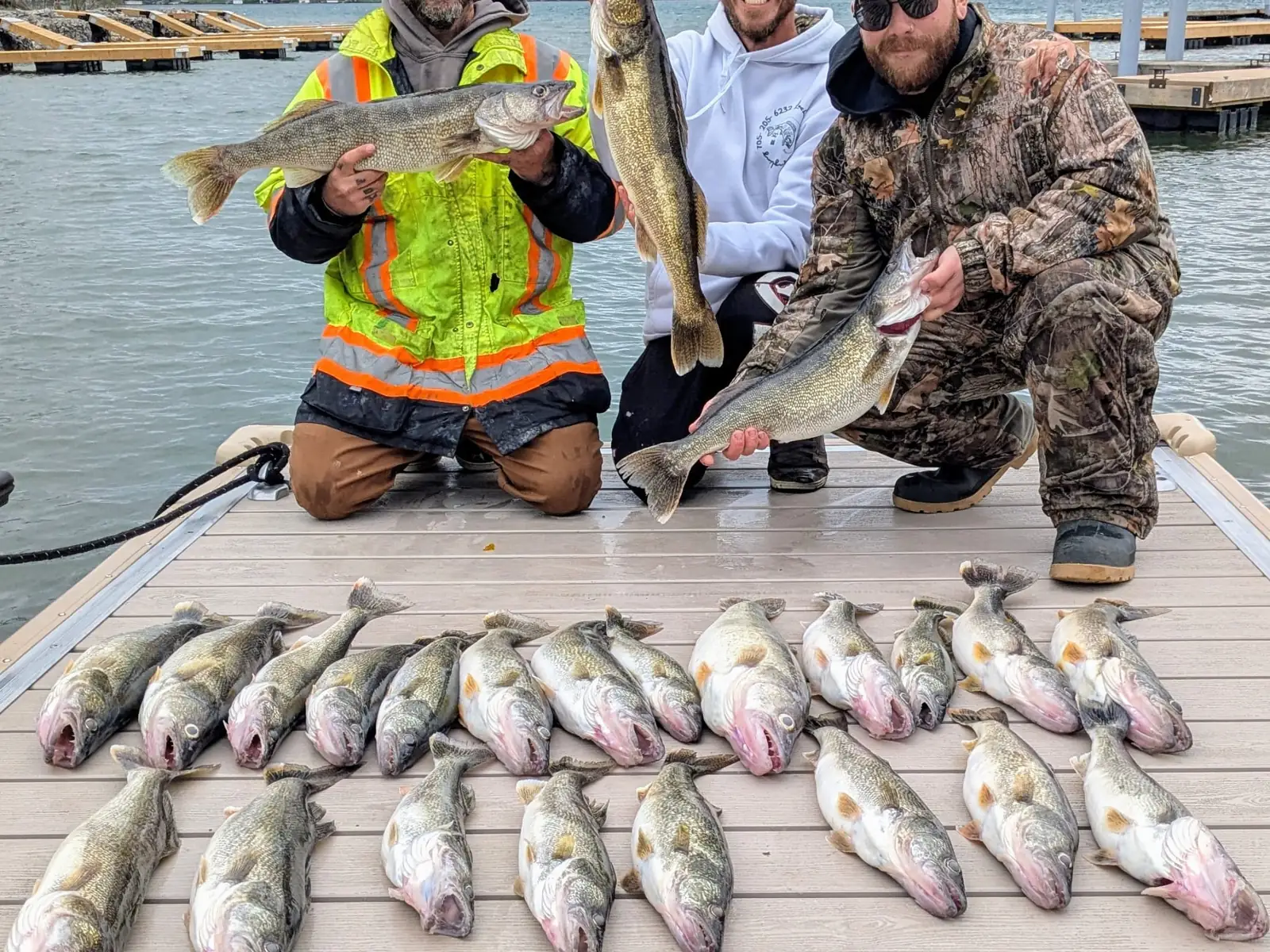 Anglers on the dock behind a full limit of Lake Erie walleye laid out in rows